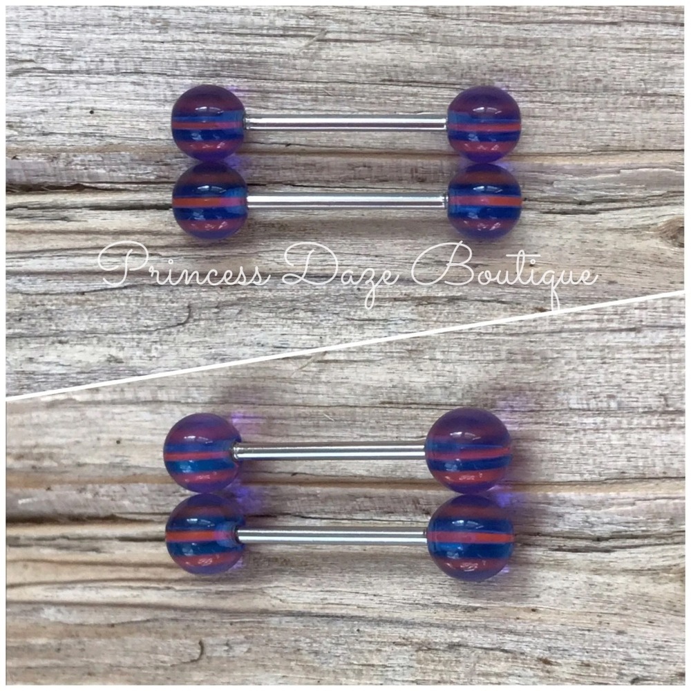Purple Blue Striped Nipple Ring Barbell Set Body Jewelry Set